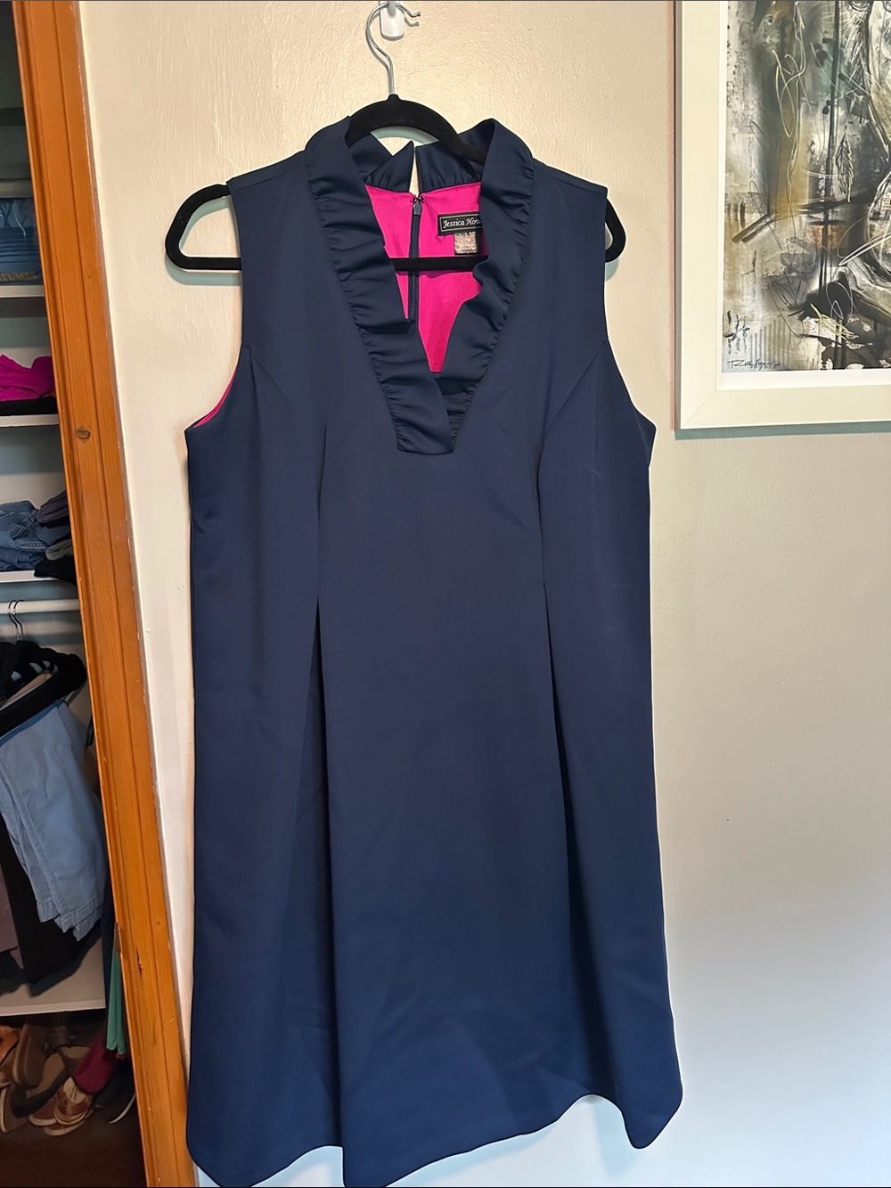 Jessica Howard Navy Sleeveless Ruffle V-Neck Dress with Pink Lining